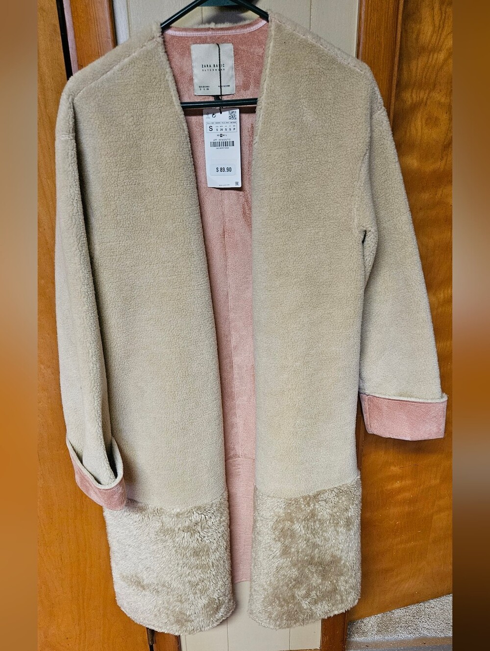 Zara Beige Faux-Shearling Coat with Blush Lining